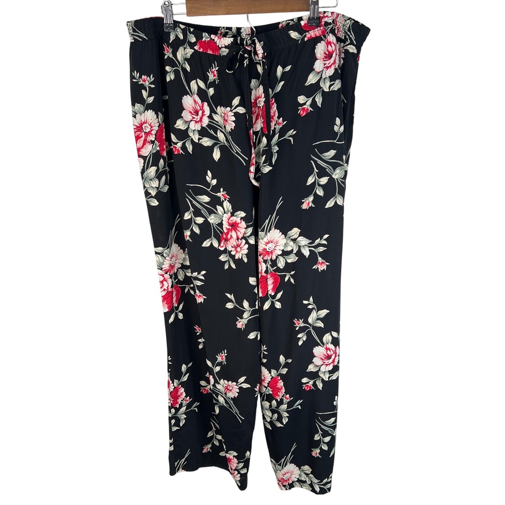 Katherine Marie Woman Floral Wide Leg Pants Black Red Plus 22W USA Made Vintage